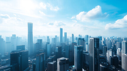 City Skyline and Skyscrapers Under Blue Sky and White Clouds Aerial View