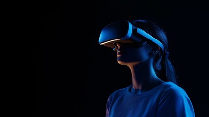 A woman immersed in a virtual reality headset, exploring a vibrant digital landscape filled with adventures and possibilities.