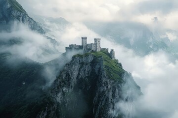 Fototapeta premium Majestic Castle on Mountain Peak Amidst Misty Landscape