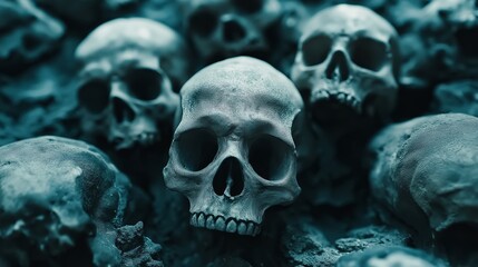 A Dark and Eerie Blue Grunge Background Featuring a Pile of Realistic Human Skulls for Halloween or Horror Themes