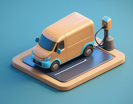 3D cartoon van charges at an electric vehicle charging station, 3D isometric