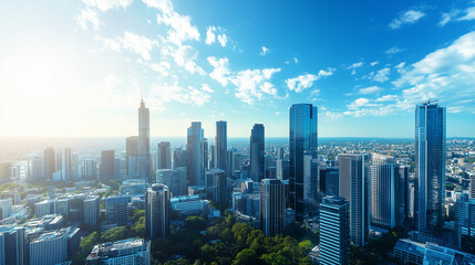 Fototapeta premium City Skyline and Skyscrapers Under Blue Sky and White Clouds Aerial View