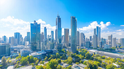 Obraz premium City Skyline and Skyscrapers Under Blue Sky and White Clouds Aerial View
