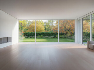 Fototapeta premium Spacious modern interior with large windows showcasing a vibrant garden view during autumn