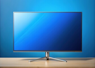 Modern high-definition television screen displaying a vibrant blue background with a thin black border, mounted on a sleek, silver, minimalist desk stand.