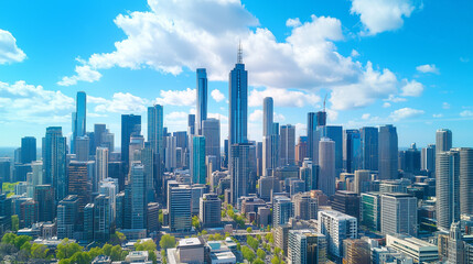 Fototapeta premium City Skyline and Skyscrapers Under Blue Sky and White Clouds Aerial View