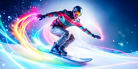 Abstract Glowing Snowboarder in Radiant Snowstorm: Dynamic Movement and Futuristic Elements Captured in a Vivid Winter Scene - Photo Stock Concept