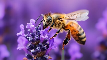 A close-up of a honeybee collecting nectar from a purple lavender flower.