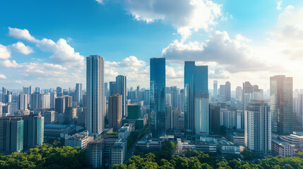 Naklejka premium City Skyline and Skyscrapers Under Blue Sky and White Clouds Aerial View
