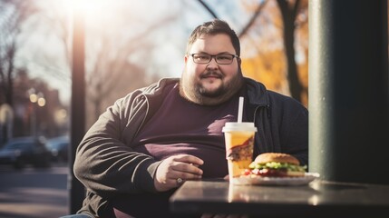 A cheerful man enjoying a delicious burger and refreshing soda while sitting at a lively restaurant atmosphere, smiling contently.