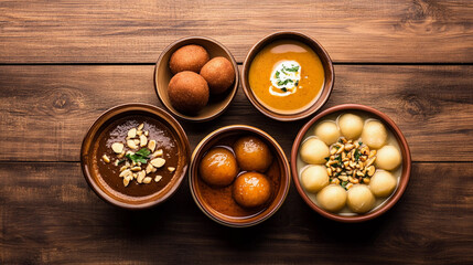 Top view of assorted indian dessert rasgulla with gulab jamun and halwa etc