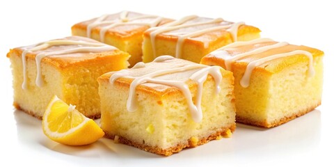 Moist and flavorful lemon cake pieces, smothered in a sweet and tangy glaze, sit isolated on a clean white background, tempting the viewer's taste buds.