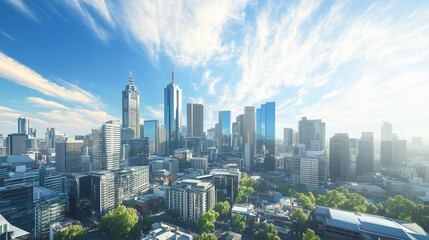 Obraz premium City Skyline and Skyscrapers Under Blue Sky and White Clouds Aerial View