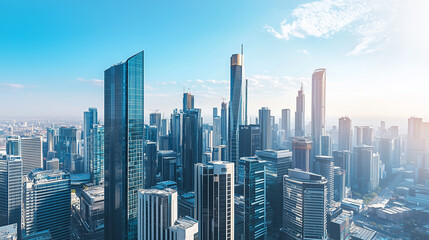 Obraz premium City Skyline and Skyscrapers Under Blue Sky and White Clouds Aerial View