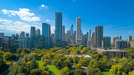 Obraz premium City Skyline and Skyscrapers Under Blue Sky and White Clouds Aerial View