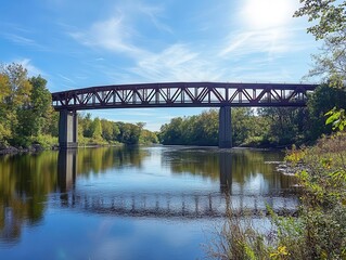 Naklejka premium majestic steel bridge arching over a calm river, low-angle view framed by a brilliant azure sky, sunlight glinting off its sturdy structure