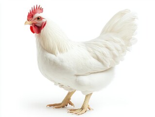Fototapeta premium majestic white chicken with iridescent feathers posed elegantly against a pure white background, emphasizing its regal stature and detailed plumage