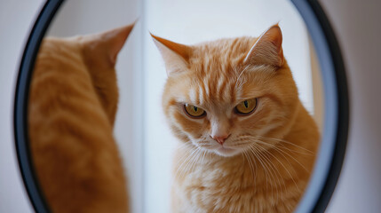 Ginger striped cat gazing intensely at reflection in round mirror creating a moment of curiosity and introspection feline concept