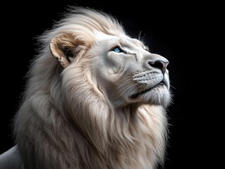 Naklejka premium majestic white lion with piercing blue eyes and flowing mane. regal pose against stark black backdrop. hyper-realistic fur detail. dramatic lighting emphasizing muscular form.