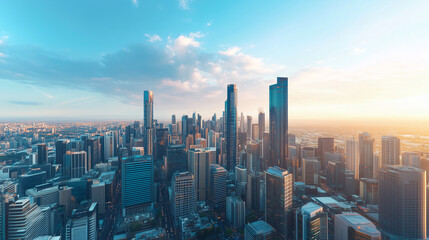 City Skyline and Skyscrapers Under Blue Sky and White Clouds Aerial View