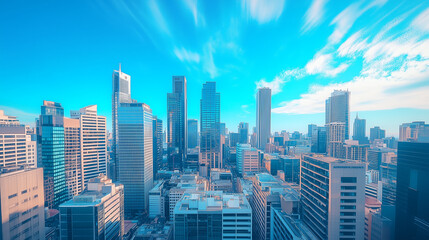 Fototapeta premium City Skyline and Skyscrapers Under Blue Sky and White Clouds Aerial View