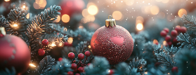 Wide panoramic Christmas décor background banner, red and gold color Christmas balls 