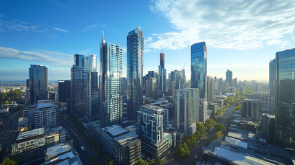 Naklejka premium City Skyline and Skyscrapers Under Blue Sky and White Clouds Aerial View
