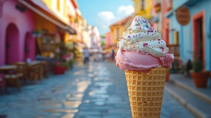 A waffle cone filled with pink and white ice cream, topped with whipped cream and sprinkles, sits on a cobblestone street in front of a row of brightly colored buildings.