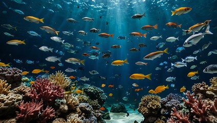 Fototapeta premium Vibrant fish and marine creatures swimming in Busan Aquarium.