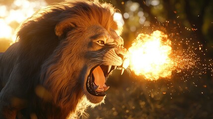 Naklejka premium Cinematic Lion Chasing Exploding Fireball in Motion Blur. High-Resolution Detailed Photo with Golden Hour Lighting