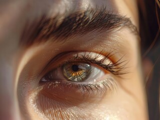 mesmerizing close-up of a woman's eye with intricate iris details. soft, natural makeup enhances lashes and brows. captured in warm, flattering light to showcase depth and emotion.