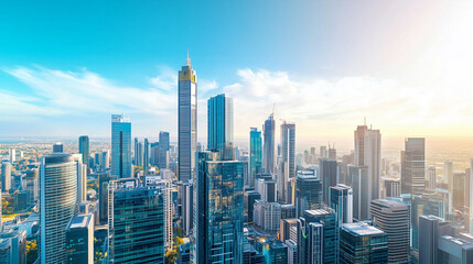 Obraz premium City Skyline and Skyscrapers Under Blue Sky and White Clouds Aerial View