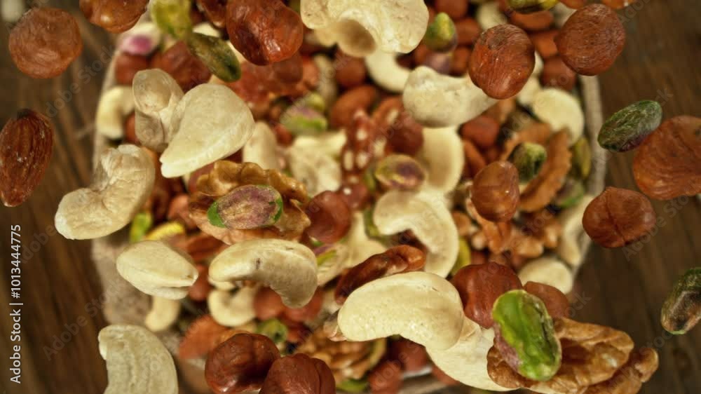 Poster super slow motion of flying nuts mix into jute sack. camera tracking the target. filmed on high spee