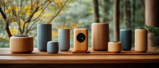 Wooden Home Decor on Natural Table Setting with Blurred Forest Background.