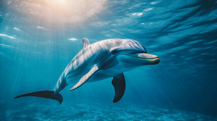 Fototapeta premium Underwater View of a Dolphin Swimming in the Sea 