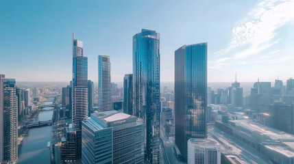 City Skyline and Skyscrapers Under Blue Sky and White Clouds Aerial View