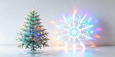 Festive Winter Theme: Holographic Snowflake & Glowing Christmas Tree with Copy Space Isolated on White Background � Wide Angle Shot for Photo Stock