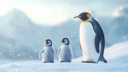 Obraz premium Penguin Family in an Arctic Winter Landscape with Snow 