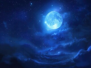 mesmerizing moonlit sky full moon illuminating wispy clouds, stars twinkling in deep blue night, creating a serene and dreamy celestial landscape with subtle gradients of light