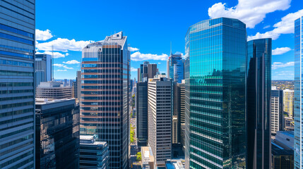 Fototapeta premium City Skyline and Skyscrapers Under Blue Sky and White Clouds Aerial View
