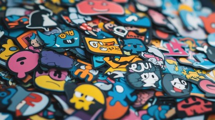 Fototapeta premium Vibrant Pile of Colorful Stickers with Cartoon Characters, Symbols, and Logos