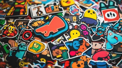 Vibrant Pile of Colorful Stickers with Cartoon Characters, Symbols, and Logos