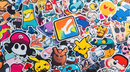 Vibrant Pile of Colorful Stickers with Cartoon Characters, Symbols, and Logos