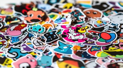 Vibrant Pile of Colorful Stickers with Cartoon Characters, Symbols, and Logos
