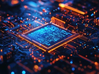 Obraz premium microscopic view of an ai chip with glowing circuitry. neon blue text and data streams flow across its surface. futuristic design blends organic and technological elements.