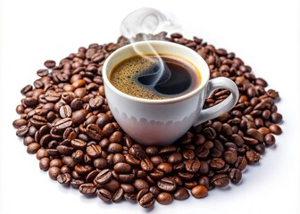 Fototapeta premium Steaming cup of freshly brewed coffee with rich aroma, surrounded by subtle coffee beans, isolated on a clean white background, evoking warmth and coziness.