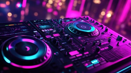 A vibrant DJ controller with colorful lights, designed for music mixing and performance.