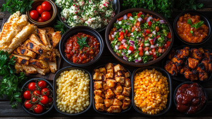 Fototapeta premium Festive 4th of July Feast with Grilled Chicken, Fresh Salads, Corn, and Cherry Tomatoes Amidst Lush Greenery in Daylight BBQ Setting - Perfect American Summer Celebration