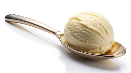 Vanilla ice cream scoop with metallic spoon, showcasing creamy texture, isolated on a white background, perfect for depicting a refreshing cold summer dessert or sweet treat.