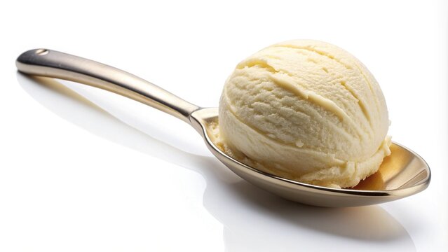 Vanilla ice cream scoop with metallic spoon, showcasing creamy texture, isolated on a white background, perfect for depicting a refreshing cold summer dessert or sweet treat.